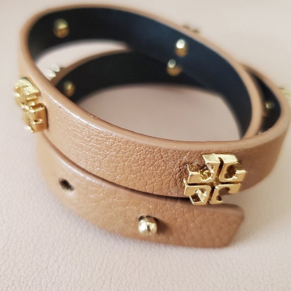 Tory Burch Jewelry - Tory Burch Double Wrap Logo Bracelet Leather Tan Gold